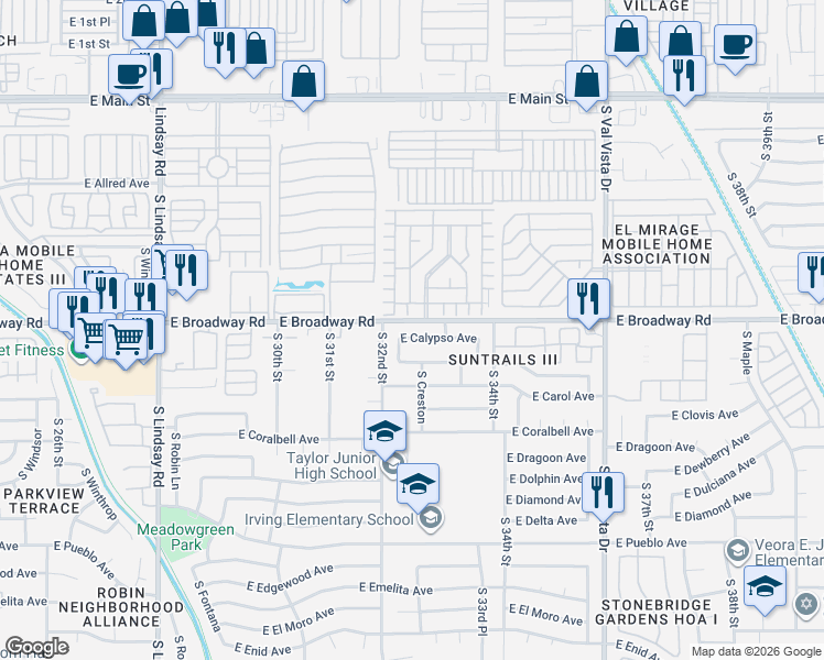 map of restaurants, bars, coffee shops, grocery stores, and more near 3202 East Calypso Avenue in Mesa