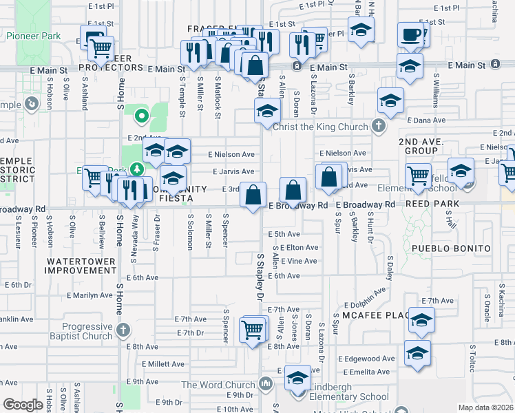 map of restaurants, bars, coffee shops, grocery stores, and more near in Mesa