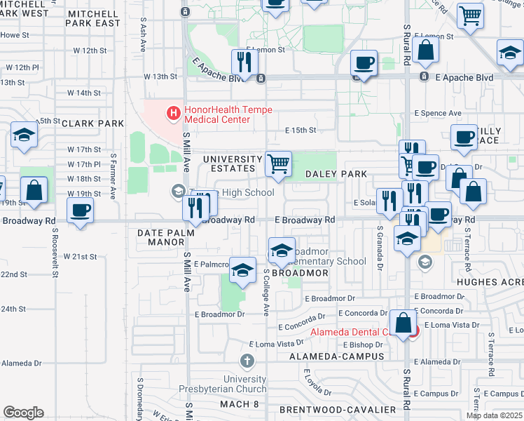 map of restaurants, bars, coffee shops, grocery stores, and more near 1735 South College Avenue in Tempe