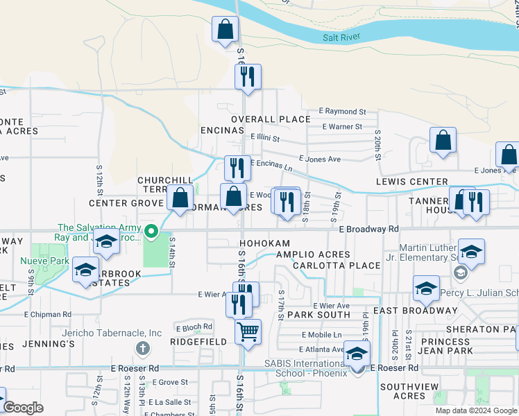 map of restaurants, bars, coffee shops, grocery stores, and more near 1627 East Wood Street in Phoenix