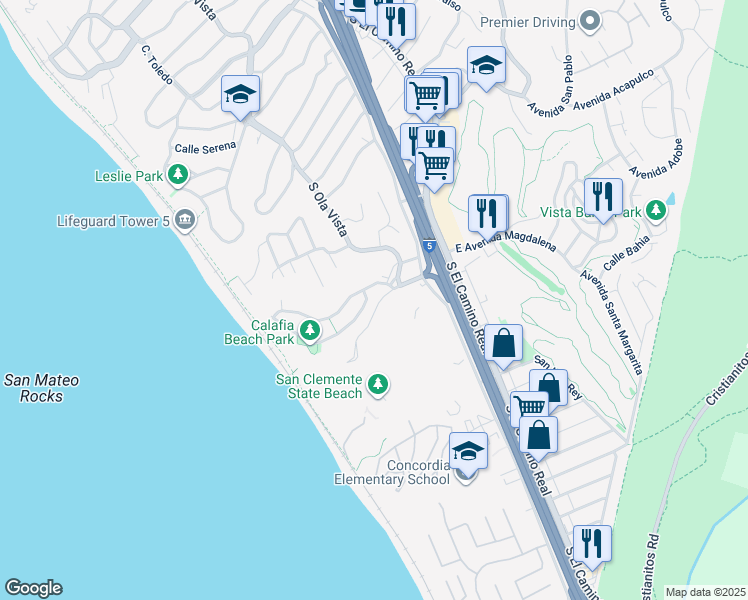 map of restaurants, bars, coffee shops, grocery stores, and more near 208 Avenida Calafia in San Clemente
