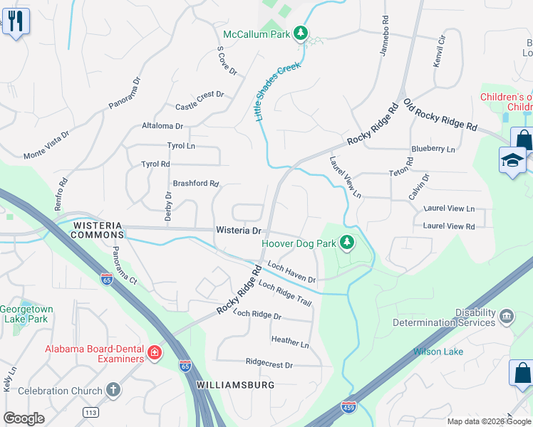 map of restaurants, bars, coffee shops, grocery stores, and more near 2305 County Road 113 in Hoover