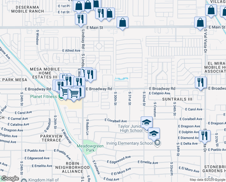 map of restaurants, bars, coffee shops, grocery stores, and more near 412 South 30th Street in Mesa
