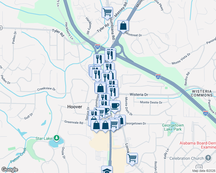map of restaurants, bars, coffee shops, grocery stores, and more near 1545 Montgomery Highway in Birmingham