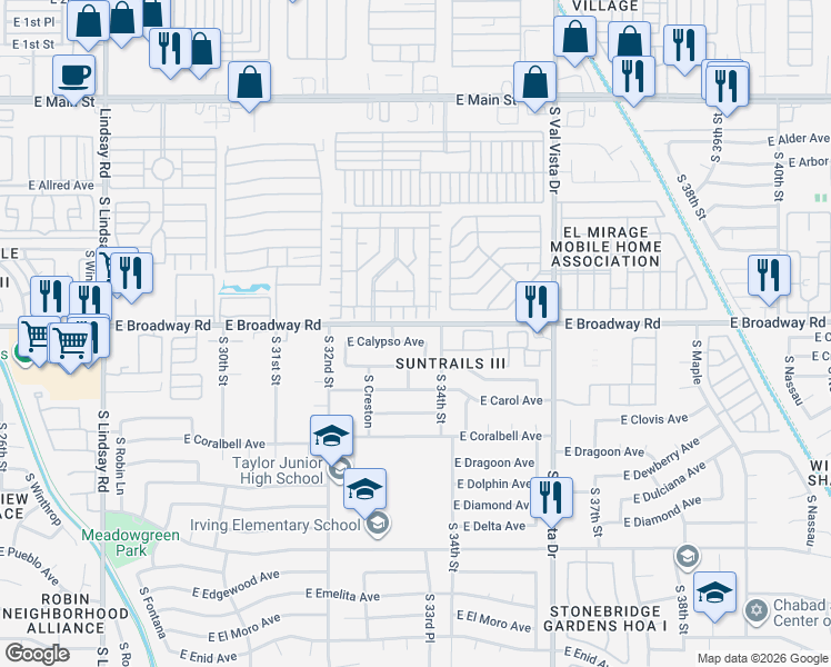 map of restaurants, bars, coffee shops, grocery stores, and more near 3338 East Calypso Avenue in Mesa