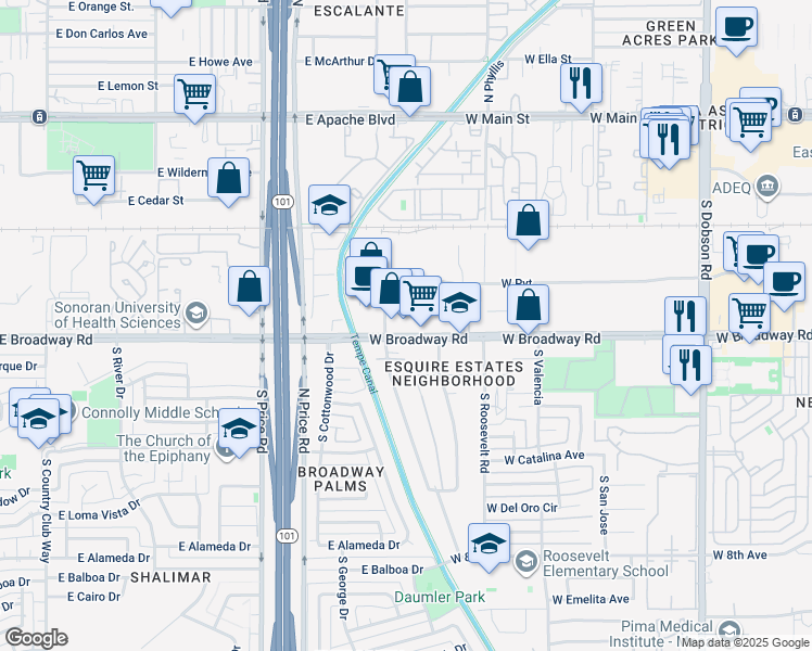 map of restaurants, bars, coffee shops, grocery stores, and more near 2534 West Broadway Road in Mesa