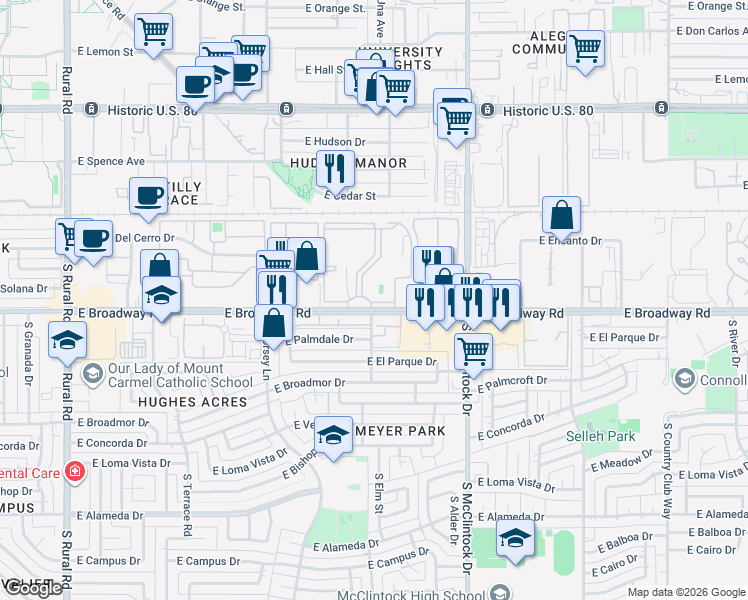 map of restaurants, bars, coffee shops, grocery stores, and more near 1500 East Broadway Road in Tempe
