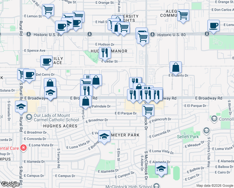 map of restaurants, bars, coffee shops, grocery stores, and more near 1500 East Broadway Road in Tempe