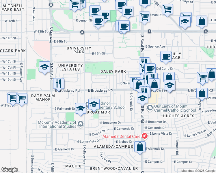 map of restaurants, bars, coffee shops, grocery stores, and more near 1748 South Sierra Vista Drive in Tempe