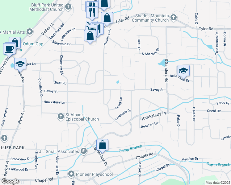 map of restaurants, bars, coffee shops, grocery stores, and more near 2416 Savoy Street in Birmingham