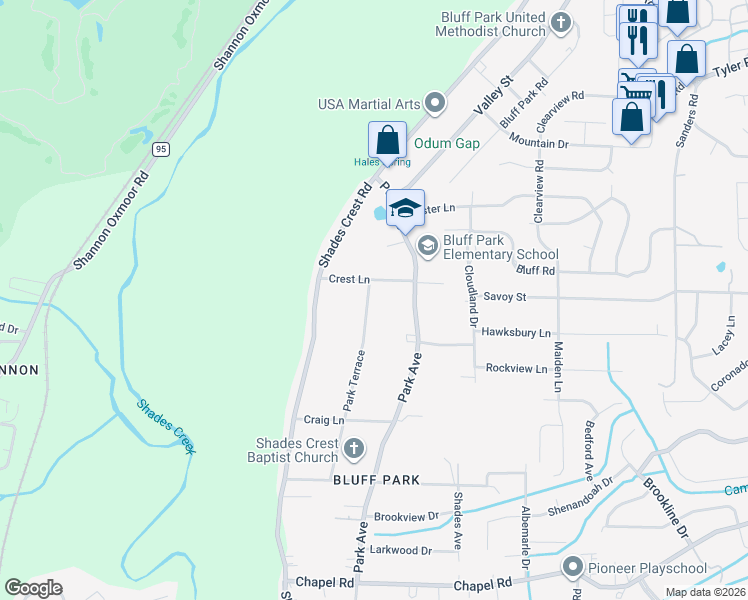 map of restaurants, bars, coffee shops, grocery stores, and more near 559 Park Terrace in Birmingham