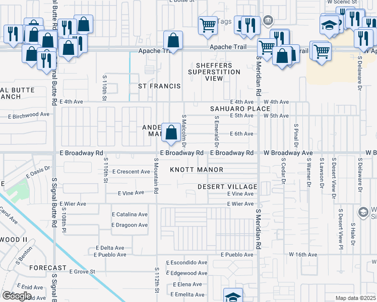 map of restaurants, bars, coffee shops, grocery stores, and more near 11302 East Broadway Road in Mesa