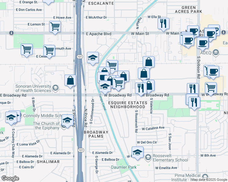 map of restaurants, bars, coffee shops, grocery stores, and more near 2534 West Broadway Road in Mesa