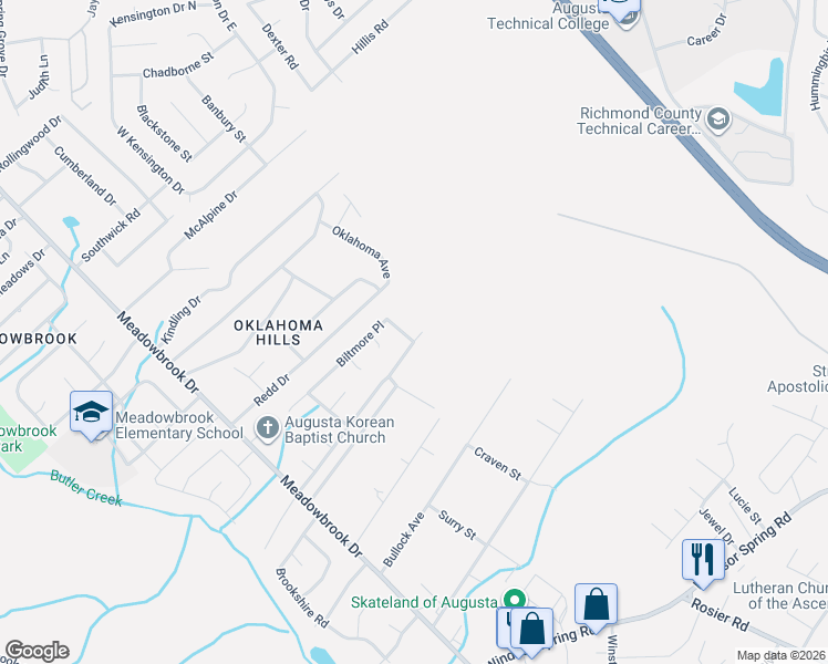 map of restaurants, bars, coffee shops, grocery stores, and more near 3501 Biltmore Place in Augusta