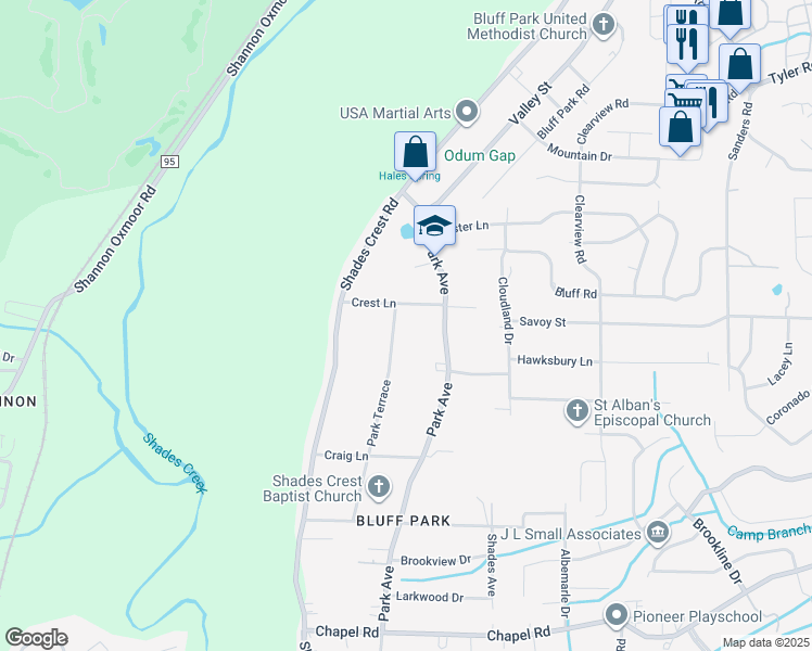 map of restaurants, bars, coffee shops, grocery stores, and more near 559 Park Terrace in Birmingham