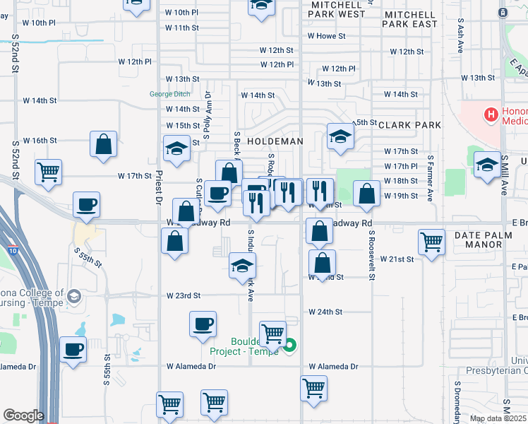 map of restaurants, bars, coffee shops, grocery stores, and more near 930 West Broadway Road in Tempe