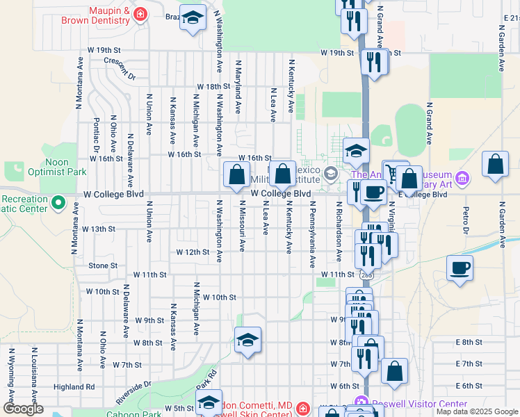 map of restaurants, bars, coffee shops, grocery stores, and more near 1312 North Lea Avenue in Roswell