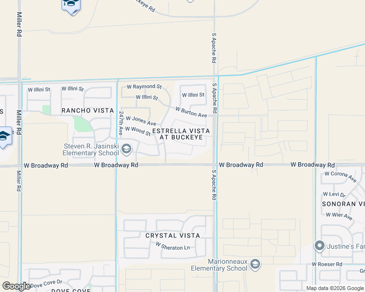 map of restaurants, bars, coffee shops, grocery stores, and more near 24425 West Hacienda Avenue in Buckeye