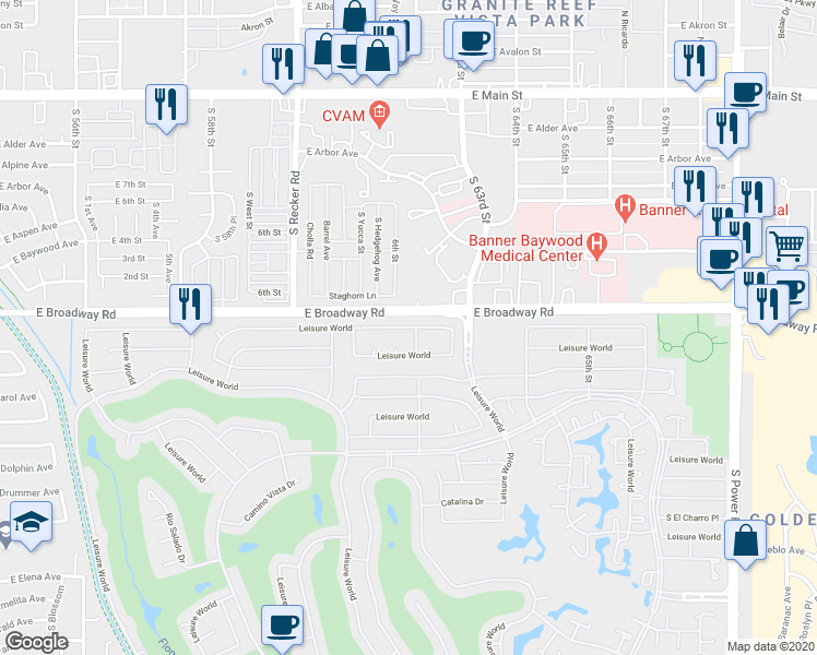 map of restaurants, bars, coffee shops, grocery stores, and more near 2726 Leisure World in Mesa