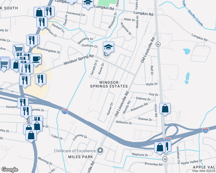 map of restaurants, bars, coffee shops, grocery stores, and more near 3303 Young Forest Drive in Augusta
