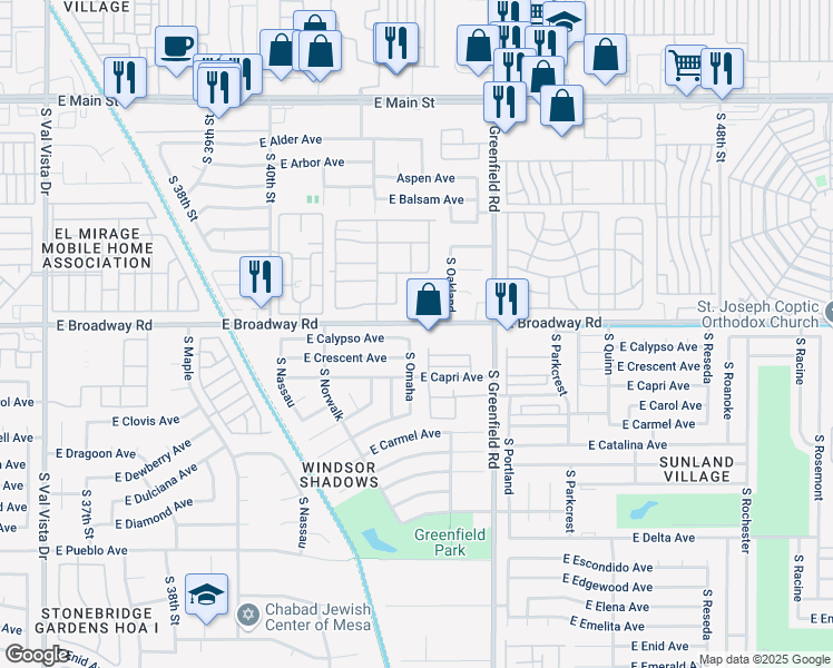 map of restaurants, bars, coffee shops, grocery stores, and more near 413 South Omaha in Mesa