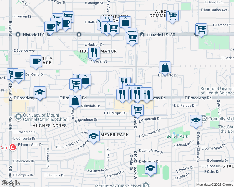 map of restaurants, bars, coffee shops, grocery stores, and more near 1628 East Broadway Road in Tempe