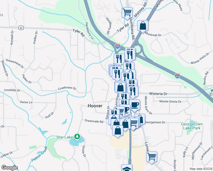 map of restaurants, bars, coffee shops, grocery stores, and more near 3025 Whispering Pines Cir in Birmingham