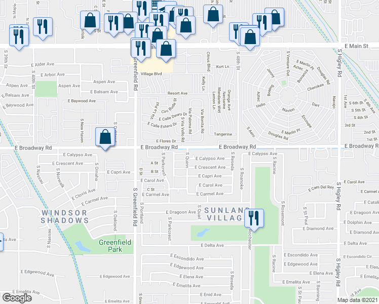 map of restaurants, bars, coffee shops, grocery stores, and more near 4608 East Calypso Avenue in Mesa
