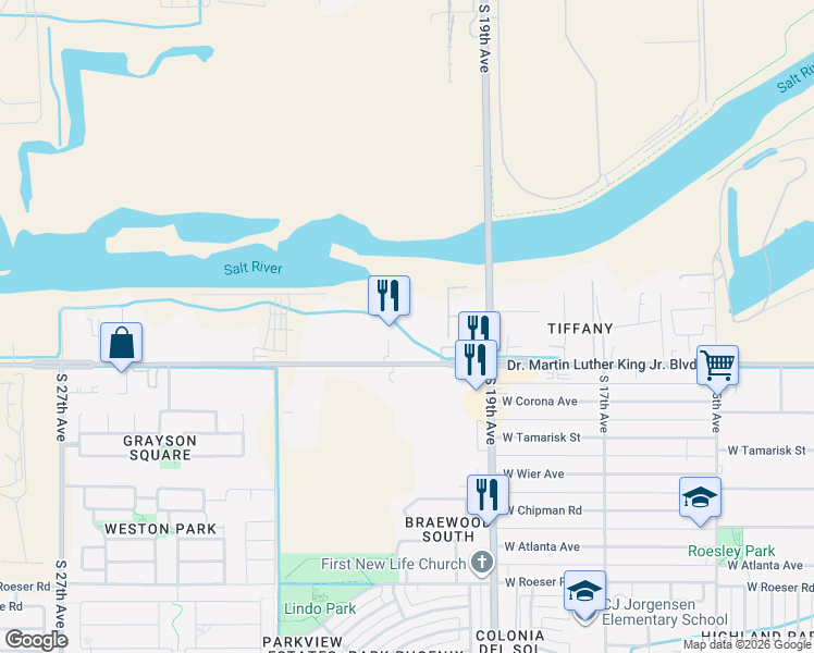 map of restaurants, bars, coffee shops, grocery stores, and more near 2002 West Broadway Road in Phoenix