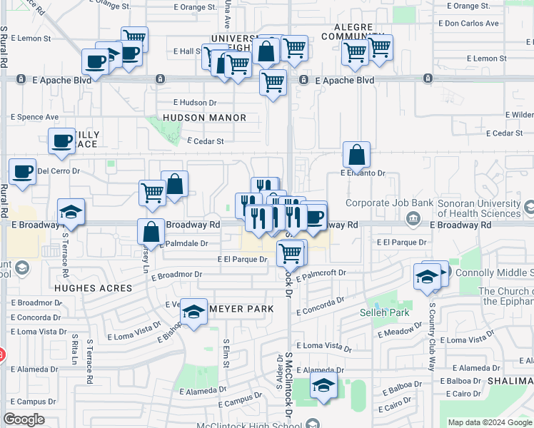 map of restaurants, bars, coffee shops, grocery stores, and more near 1740 San Marbeya in Tempe