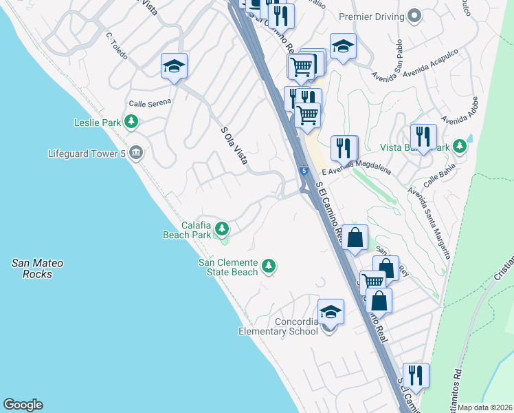 map of restaurants, bars, coffee shops, grocery stores, and more near 211 Avenida Montalvo in San Clemente
