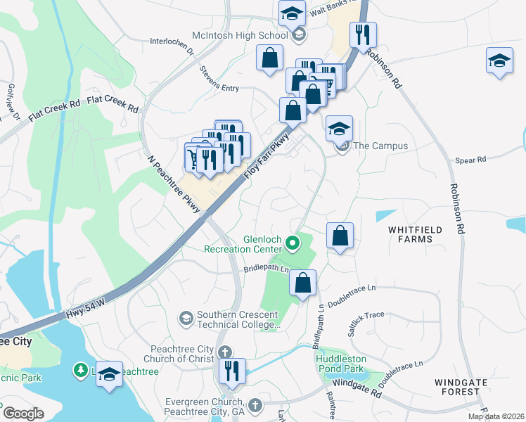 map of restaurants, bars, coffee shops, grocery stores, and more near 301 Morgans Turn in Peachtree City