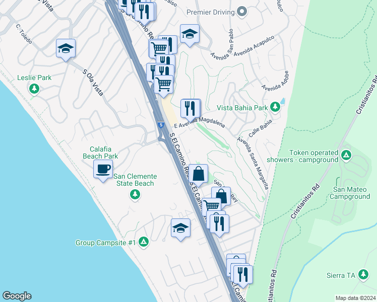 map of restaurants, bars, coffee shops, grocery stores, and more near 2617 Calle Del Comercio in San Clemente
