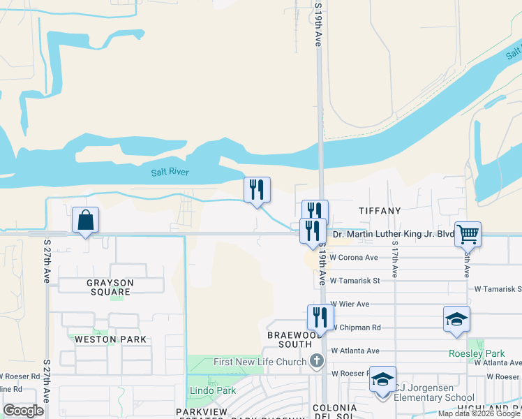 map of restaurants, bars, coffee shops, grocery stores, and more near 2002 West Broadway Road in Phoenix