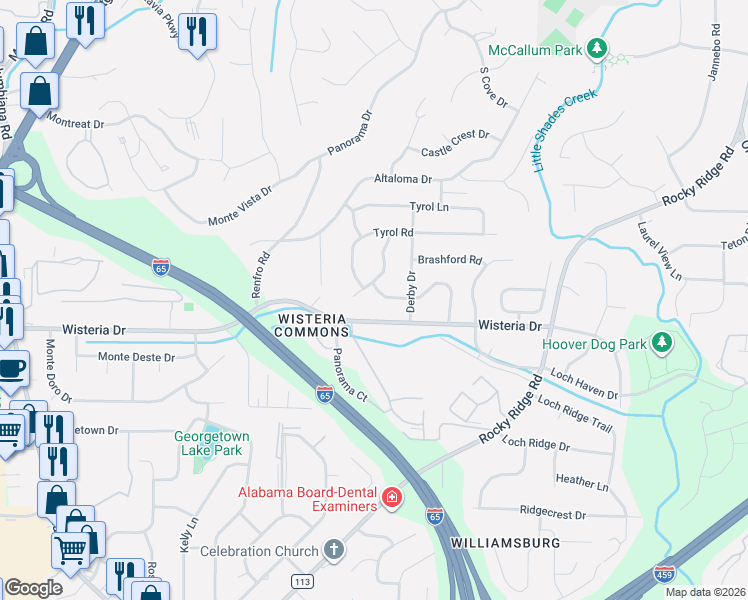 map of restaurants, bars, coffee shops, grocery stores, and more near 3204 Wagon Gap Trail in Vestavia Hills