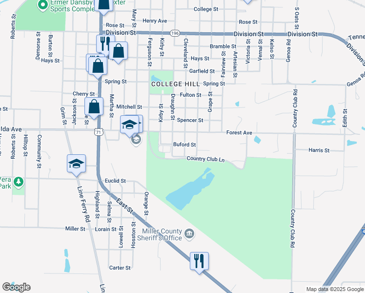 map of restaurants, bars, coffee shops, grocery stores, and more near 1912 Buford Street in Texarkana