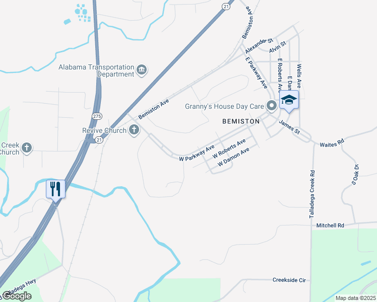 map of restaurants, bars, coffee shops, grocery stores, and more near 307 West Parkway in Talladega