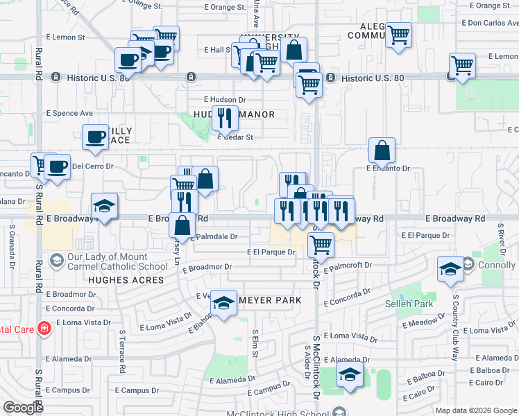 map of restaurants, bars, coffee shops, grocery stores, and more near 1628 East Broadway Road in Tempe