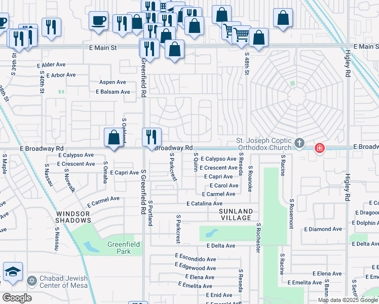 map of restaurants, bars, coffee shops, grocery stores, and more near 4608 East Calypso Avenue in Mesa