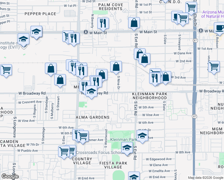 map of restaurants, bars, coffee shops, grocery stores, and more near 936 West Broadway Road in Mesa