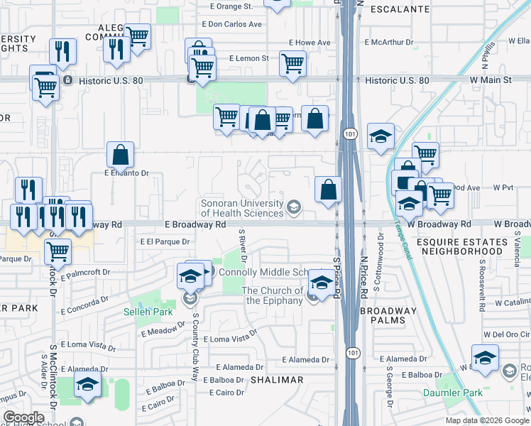 map of restaurants, bars, coffee shops, grocery stores, and more near 1908 South Shannon Drive in Tempe