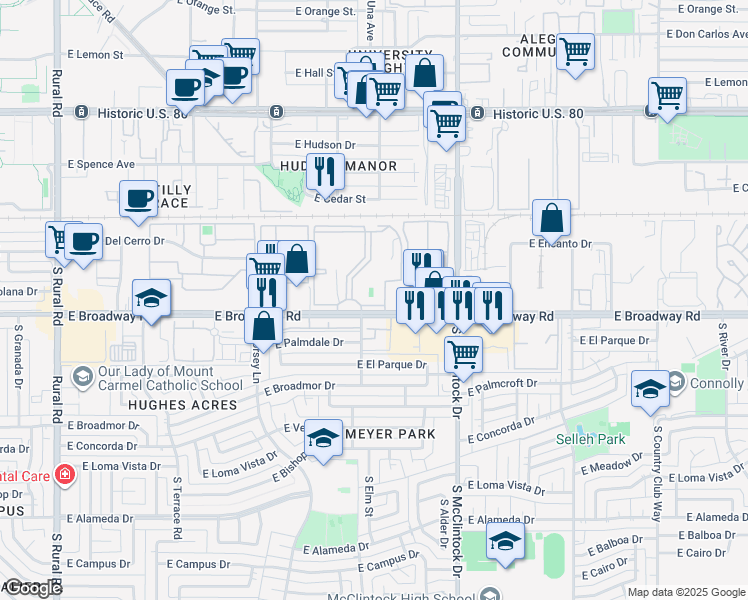 map of restaurants, bars, coffee shops, grocery stores, and more near 1628 East Broadway Road in Tempe