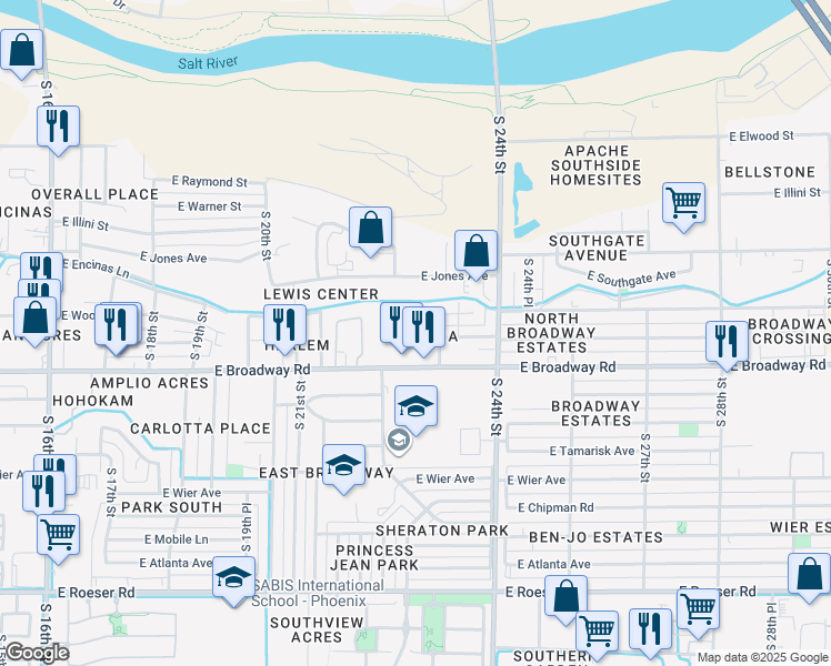 map of restaurants, bars, coffee shops, grocery stores, and more near 2222 East Pueblo Avenue in Phoenix