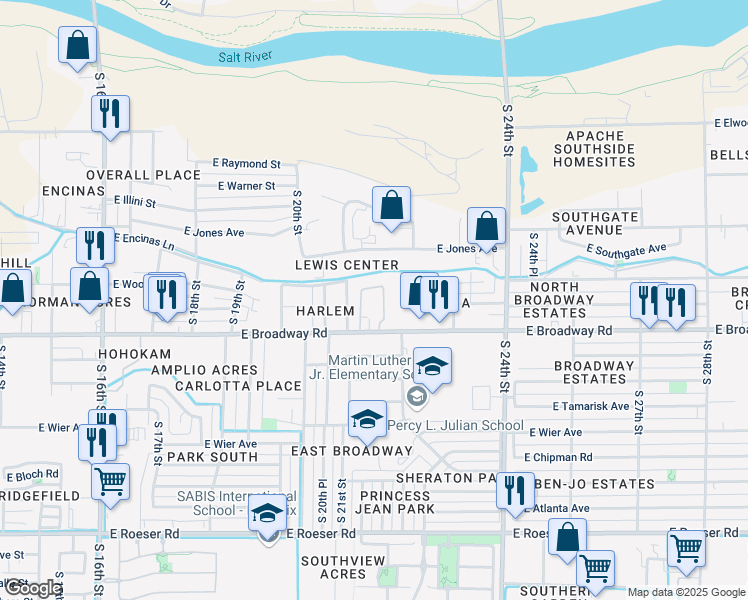 map of restaurants, bars, coffee shops, grocery stores, and more near 2150 East Broadway Road in Phoenix