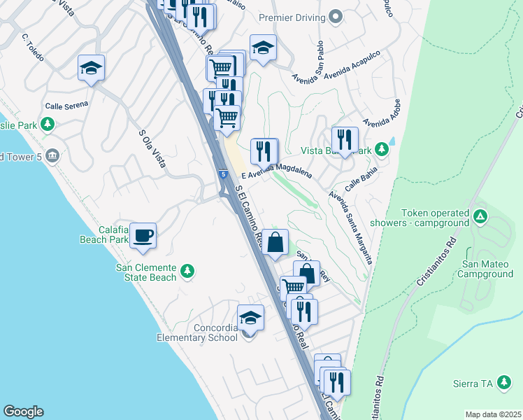 map of restaurants, bars, coffee shops, grocery stores, and more near 2617 Calle Del Comercio in San Clemente