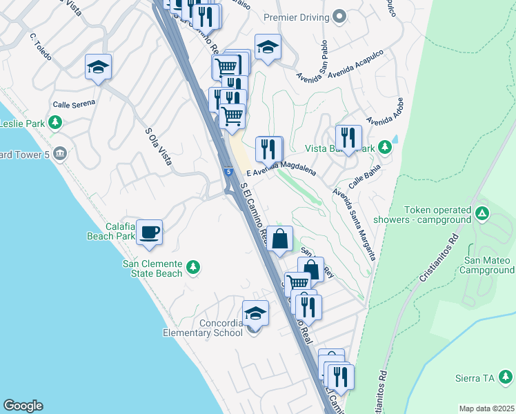 map of restaurants, bars, coffee shops, grocery stores, and more near 2617 Calle Del Comercio in San Clemente