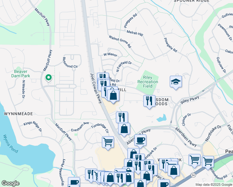 map of restaurants, bars, coffee shops, grocery stores, and more near 102 Wisdom Road in Peachtree City