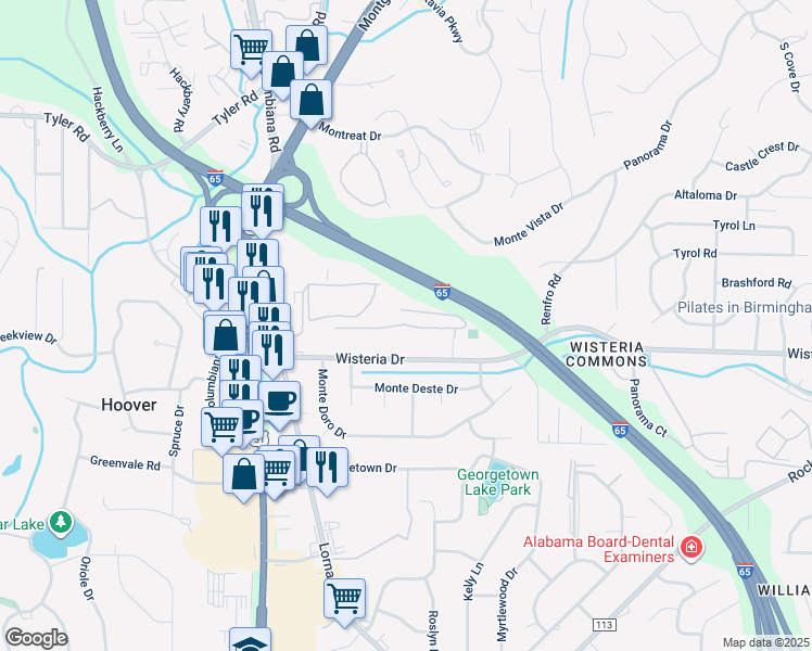 map of restaurants, bars, coffee shops, grocery stores, and more near 2856 Regal Circle in Hoover