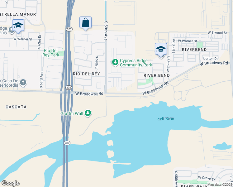 map of restaurants, bars, coffee shops, grocery stores, and more near 5836 West Broadway Road in Phoenix