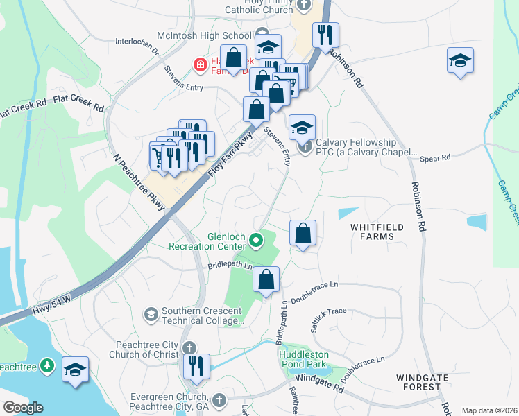 map of restaurants, bars, coffee shops, grocery stores, and more near 103 Grenoble Road in Peachtree City